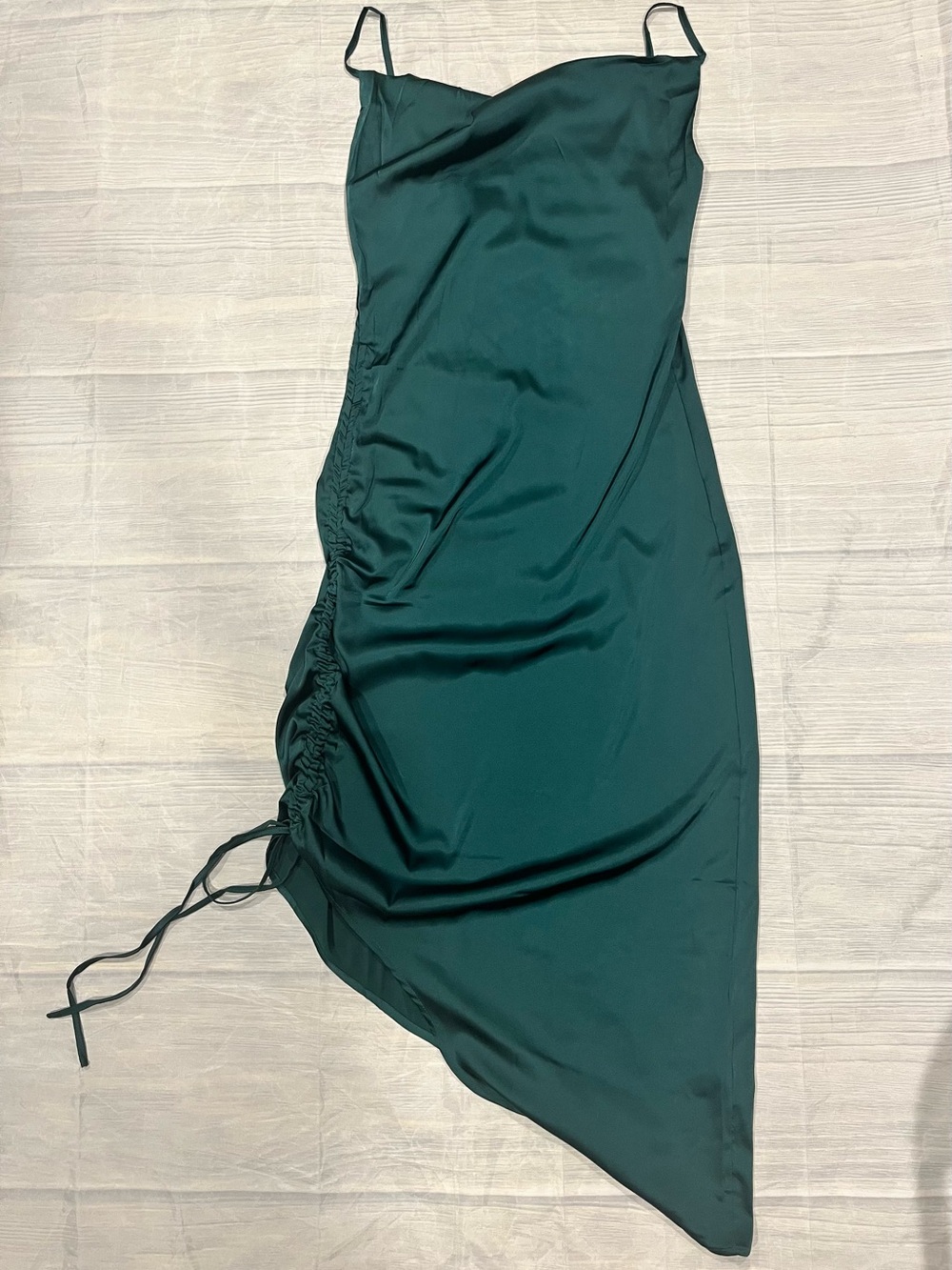 Emerald Satin Slip Dress with Side Ruching Sz M - Picture 4 of 8